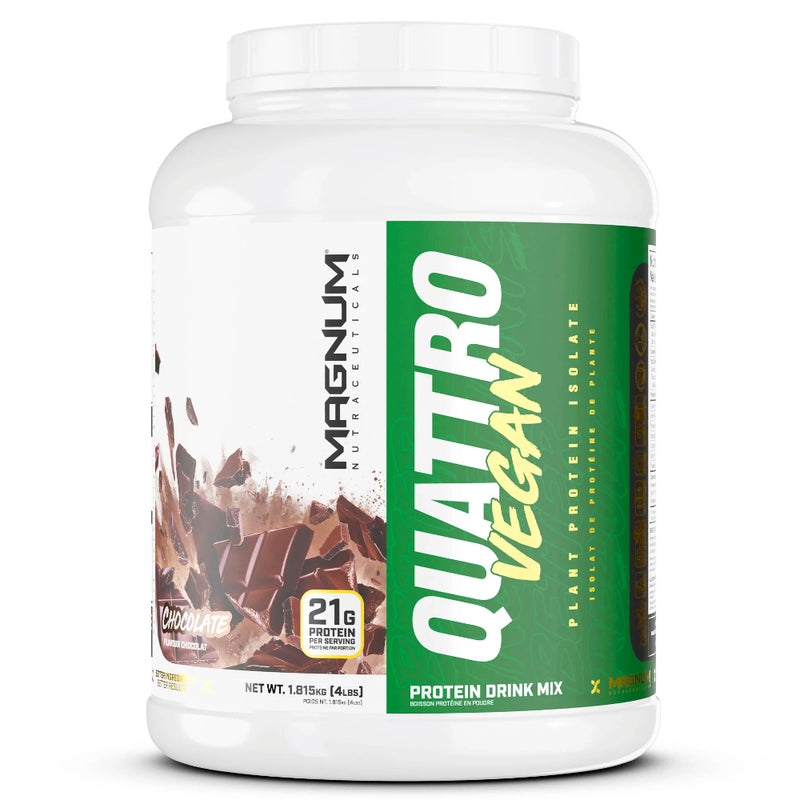 Buy Now! Magnum Nutraceuticals Quattro VEGAN (4 lbs) Chocolate. Staying true to the Quattro legacy, our all-new Vegan Protein Isolate blend is comprised of 4 incredible plant-based protein sources; pea protein isolate, brown rice protein, pumpkin protein, and quinoa powder protein.