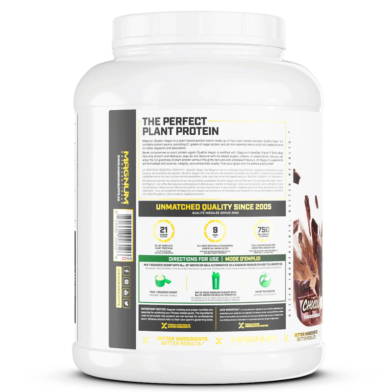 Magnum Nutraceuticals Quattro VEGAN (4 lbs) Chocolate directions of use on bottle. Staying true to the Quattro legacy, our all-new Vegan Protein Isolate blend is comprised of 4 incredible plant-based protein sources; pea protein isolate, brown rice protein, pumpkin protein, and quinoa powder protein.