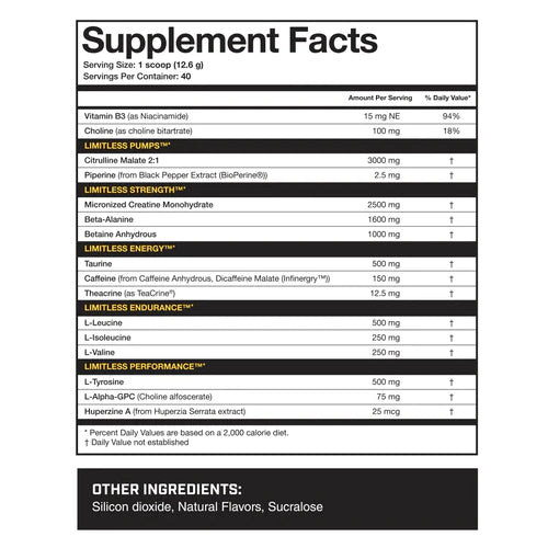 Magnum Nutraceuticals Limitless (40 servings) pre-workout supplement facts of ingredients. Developed with clinically studied ingredients, Limitless delivers more pumps, strength, energy, endurance, and muscle-building power in every scoop!