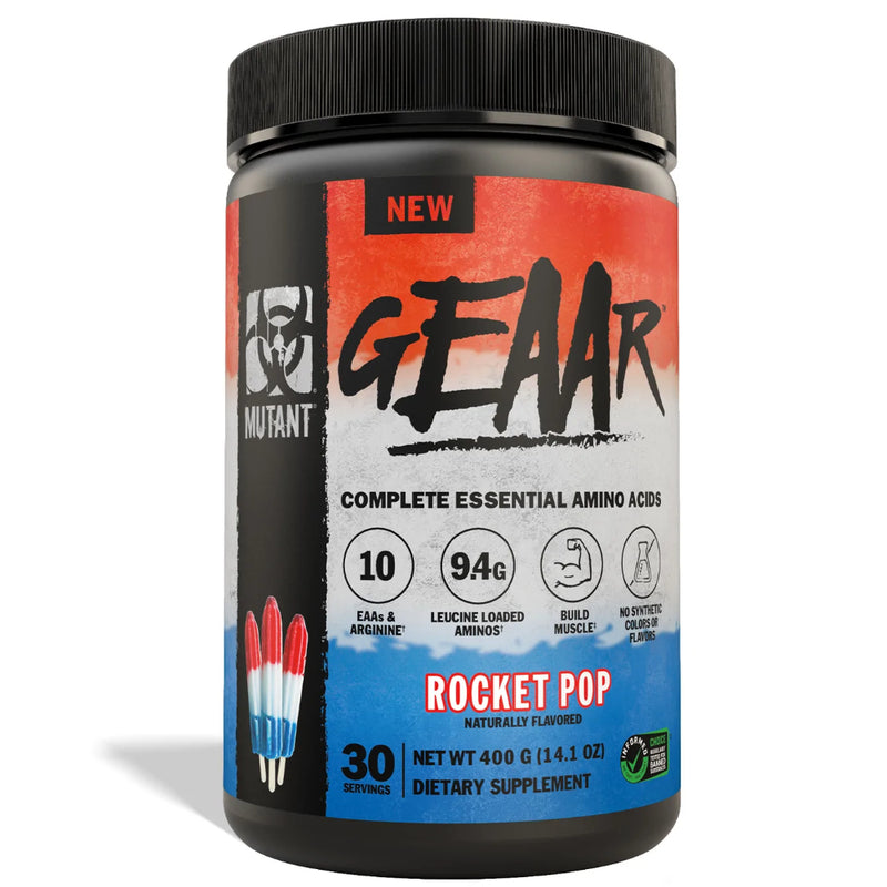 Buy Now! Mutant GEAAR (30 servings) Rocket Pop Promo Bottle. MUTANT GEAAR provides all 9 amino acids (BCAAs & EAAs) + Arginine to help support muscle growth & repair.