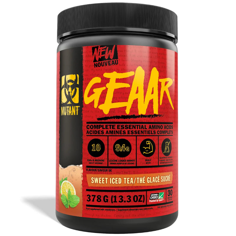 Buy Now! Mutant GEAAR (30 servings) Sweet Iced Tea. MUTANT GEAAR provides all 9 amino acids (BCAAs & EAAs) + Arginine to help support muscle growth & repair.