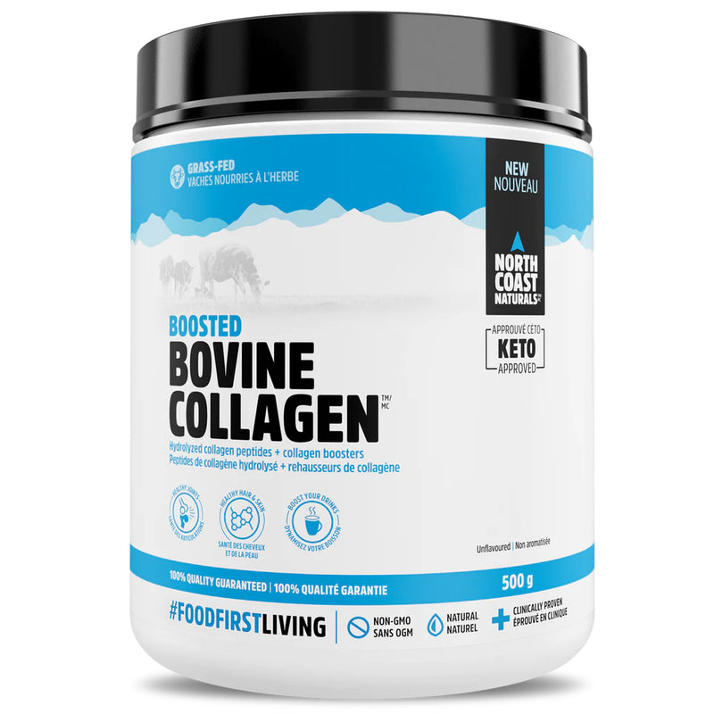 Buy Now! North Coast Naturals Boosted Bovine Collagen (500 g) Unflavoured. Boosted Bovine Collagen has Added L- Lysine, Glycine, Vitamin C and Biotin help further boost overall joint, hair, nail and skin collagen formation. 