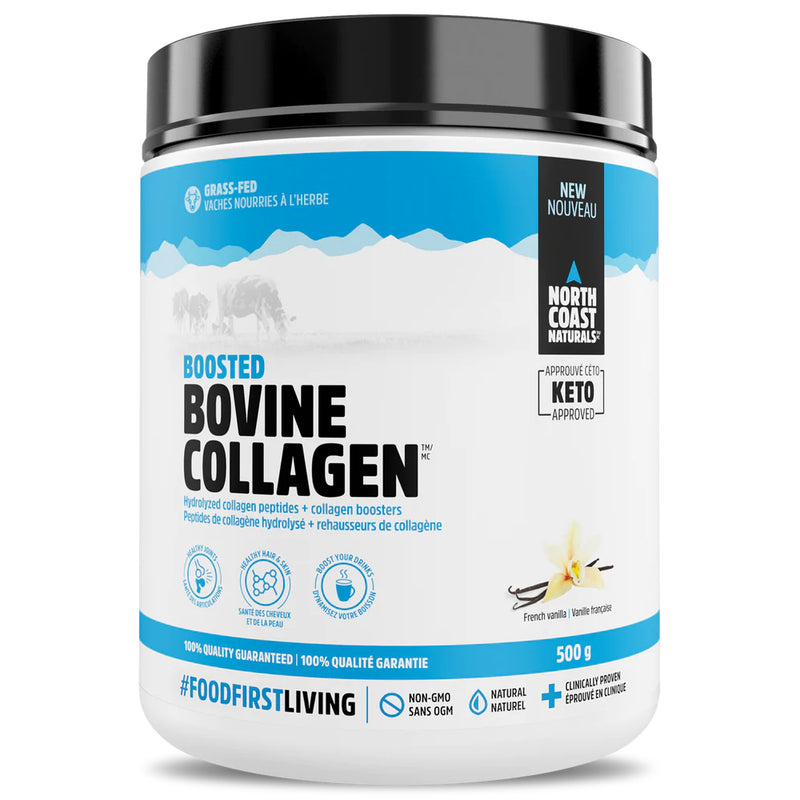 Buy Now! North Coast Naturals Boosted Bovine Collagen (500 g) Vanilla. Boosted Bovine Collagen has Added L- Lysine, Glycine, Vitamin C and Biotin help further boost overall joint, hair, nail and skin collagen formation. 