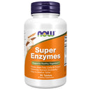 Bottle of NOW Foods Super Enzymes dietary supplement with 90 tablets, featuring orange and white label design.