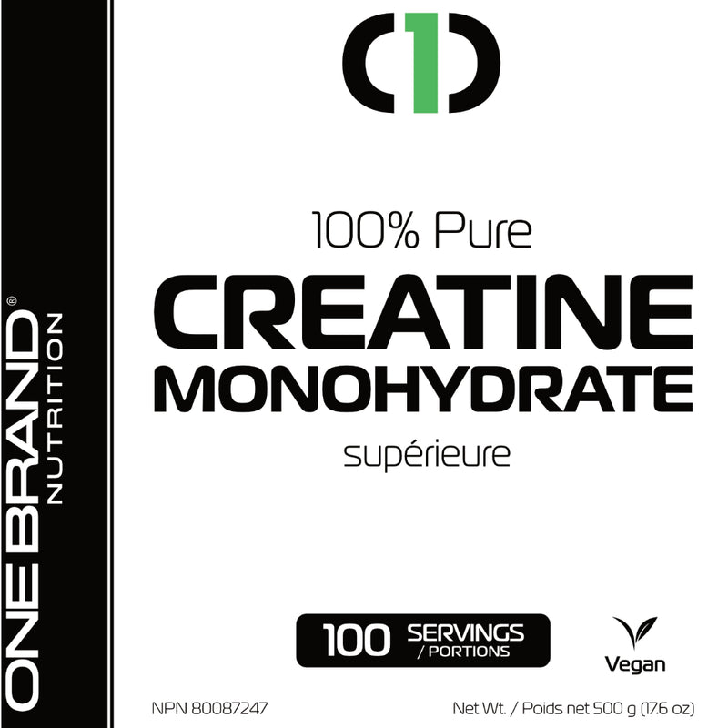 One Brand Nutrition Creatine Monohydrate (500 g) front label. Creatine can lead to a gains in lean muscle mass, improve workout performance, enhances strength and power.