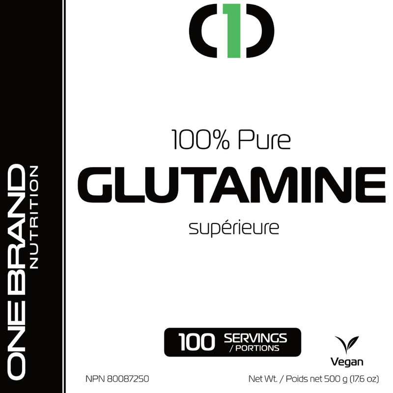 One Brand Nutrition L-Glutamine Powder(500 g) front label. L-Glutamine plays a very important role in protein metabolism, cell volumization, and the decreasing of muscle breakdown.