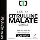 One Brand Nutrition L-Citrulline Malate Powder (500 g) front bottle label. Supplementing with citrulline is a more effective way to raise arginine levels and enhance nitric oxide (NO).