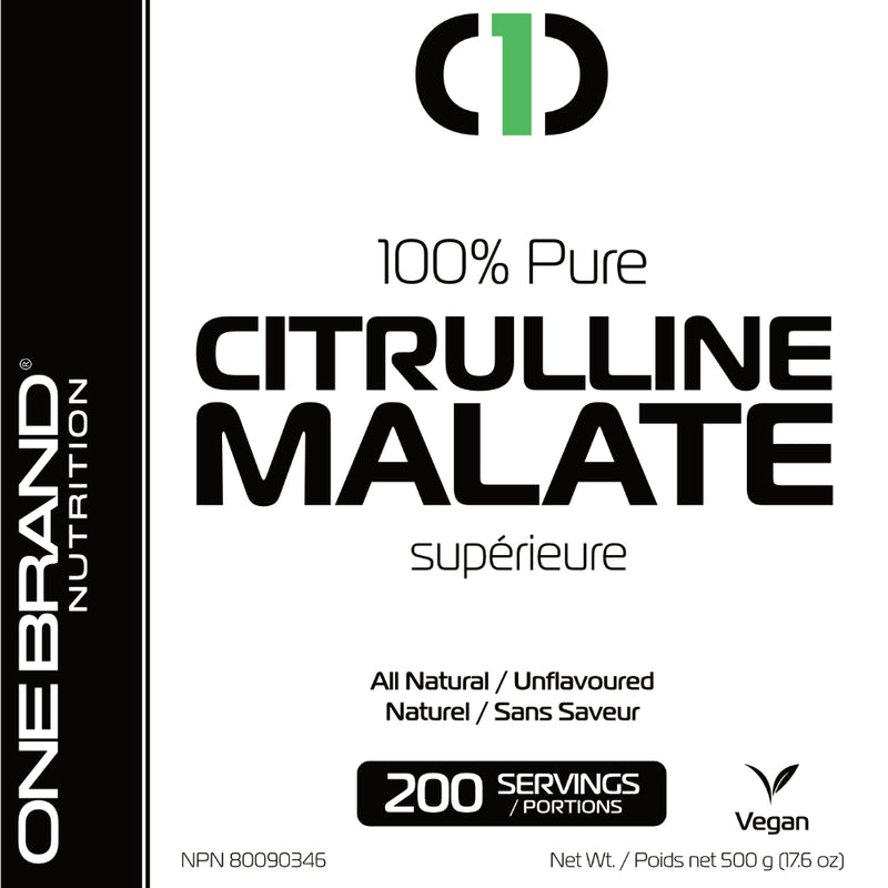 One Brand Nutrition L-Citrulline Malate Powder (500 g) front bottle label. Supplementing with citrulline is a more effective way to raise arginine levels and enhance nitric oxide (NO).