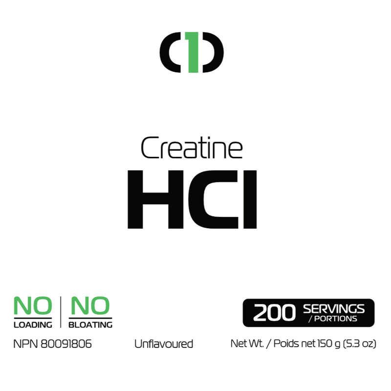 One Brand Nutrition Pure Creatine HCl Powder (200 Servings) front label. OneBrands Pure Unflavoured Creatine HCl is the cleanest form of Creatine hydrochloride on the Canadian market with the greatest absorption and effectiveness compared to all other forms of Creatine.