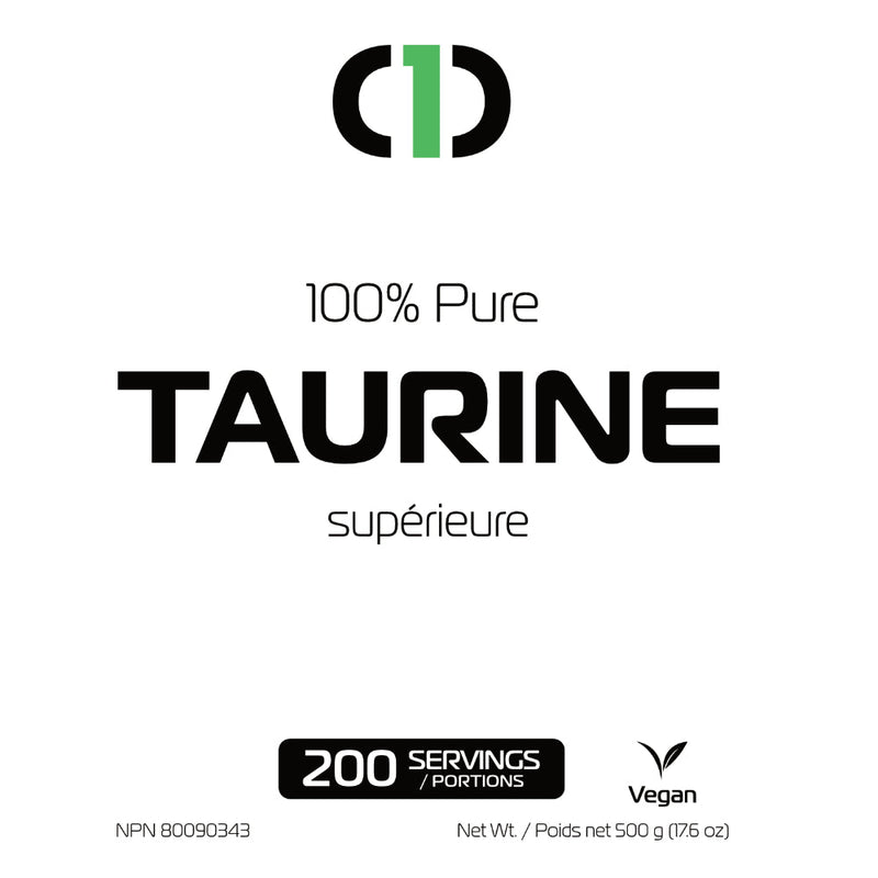One Brand Nutrition 100% Pure Taurine Powder (500 g) L-Taurine bottle front label. Taurine helps increase physical stamina and improve athletic performance.