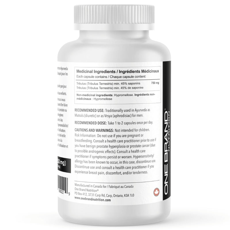 One Brand Nutrition Tribulus 750 (240 Caps) Ingredients on bottle | 100% Pure Tribulus Terrestris | Tribulus Terrestris is a potent natural testosterone enhancer. Studies show that it works very well for increasing sex drive too! 