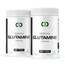 Two white plastic jars with green and black labeling, indicating One Brand Nutrition Glutamine, 100% Pure, Gluten-Free, Vegan Sourced, with 100 servings per jar.