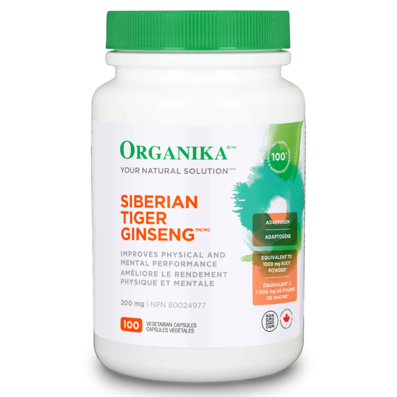 Buy Now! Organika Siberian Tiger Ginseng 200 mg (100 caps). Siberian ginseng is know to:  Increase energy, longevity, vitality and mental alertness. Help relieve general debility and/or aid during convalescence, Relieves general weakness, fatigue and grogginess. Help with adaptation to stresses and calm nerves.