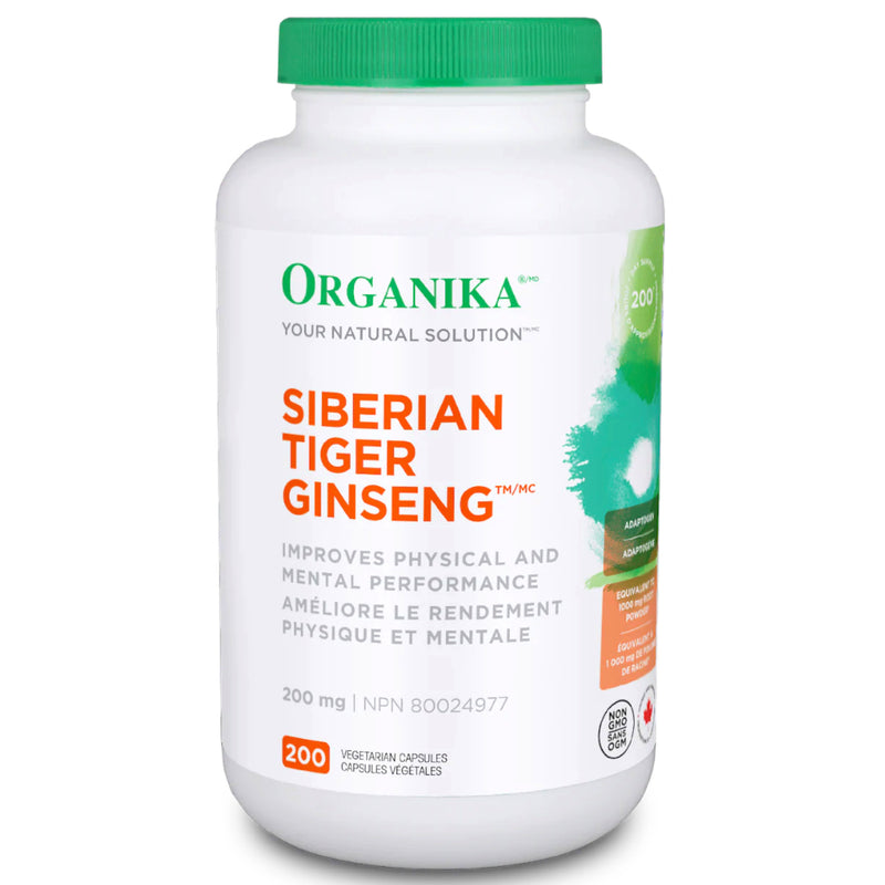 Buy Now! Organika Siberian Tiger Ginseng 200 mg (200 caps). Siberian ginseng is know to:  Increase energy, longevity, vitality and mental alertness. Help relieve general debility and/or aid during convalescence, Relieves general weakness, fatigue and grogginess. Help with adaptation to stresses and calm nerves.