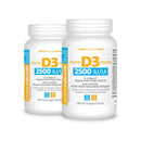 Two bottles of Prairie Naturals Vitamin D3 2500IU softgels, with the text on the labels indicating the product's potency and Prairie Naturals branding.