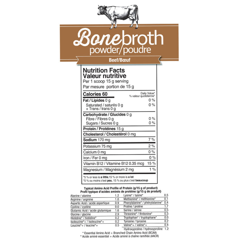 Prairie Naturals Bone Broth BEEF (300 g) | Grass Fed & Organic | supplement facts of ingredients.