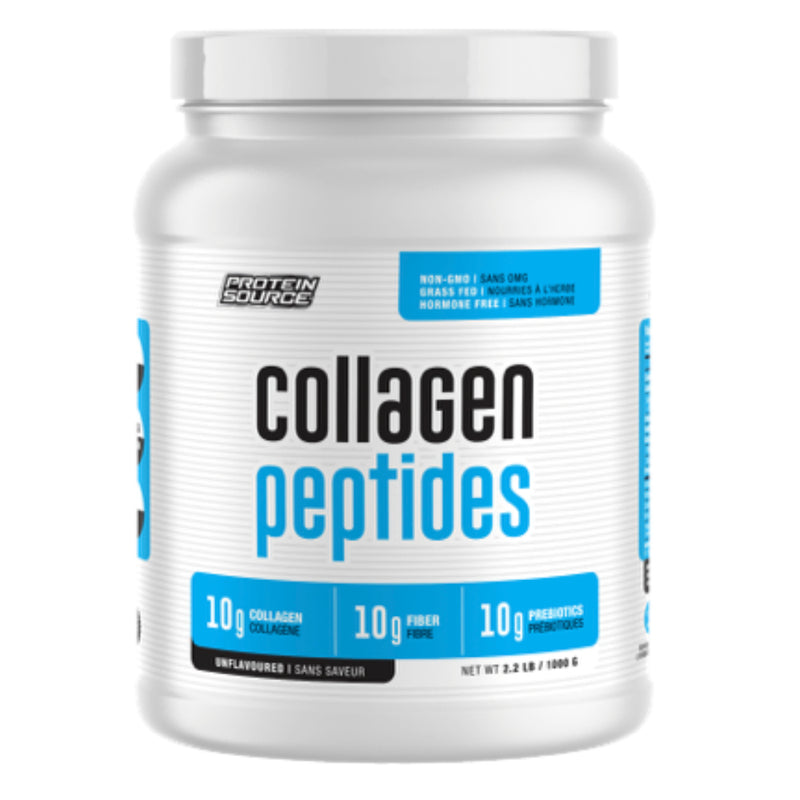 Buy Now! Protein Source Collagen Peptides (2.2 lbs). Our collagen peptides are sourced from non-GMO, grass fed, hormone free cows that provide 10g of collagen and 18 amino acids per serving. We also add 10g of prebiotic fiber and zero grams of sugar for maximum health benefit, without any artificial colours, flavours or sweeteners.