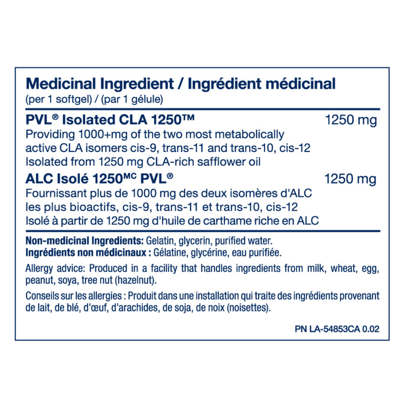 PVL Pure Vita Labs CLA 1250 (180 Softgels) supplement facts of ingredients. PVL's CLA 1250 is a high potency CLA supplement with a full 1250mg per capsule. CLA (Conjugated Linoleic Acid) is a "fat-burning" dietary fat.