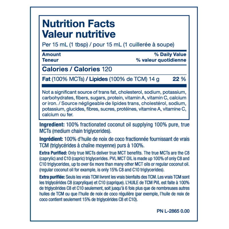 PVL Pure Vita Labs MCT Oil (946 ml) supplement facts of ingredients. 100% pure MCTs supply quick energy like carbohydrates can, yet MCTs are not carbs! Perfect for Keto Diets.