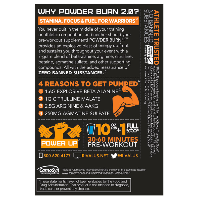 Buy Now! Rivalus Nutrition Powder BURN 2.0 (35 Servings) information panel. POWDER BURN 2.0 is the spark that will ignite your workouts.