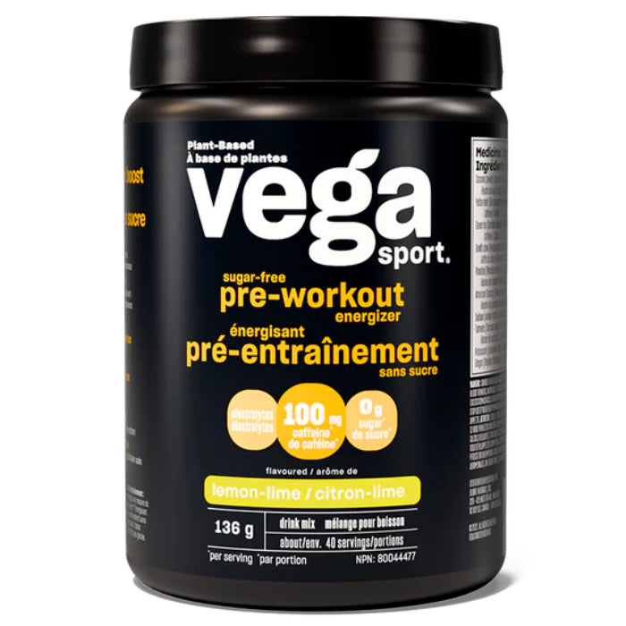 Buy Now! Vega Sport Sugar-Free Pre-workout Energizer (40 servings) Lemon-Lime. Power through your yoga class or Gym Session with VEGA sport sugar free Pre-Workout Energizer.