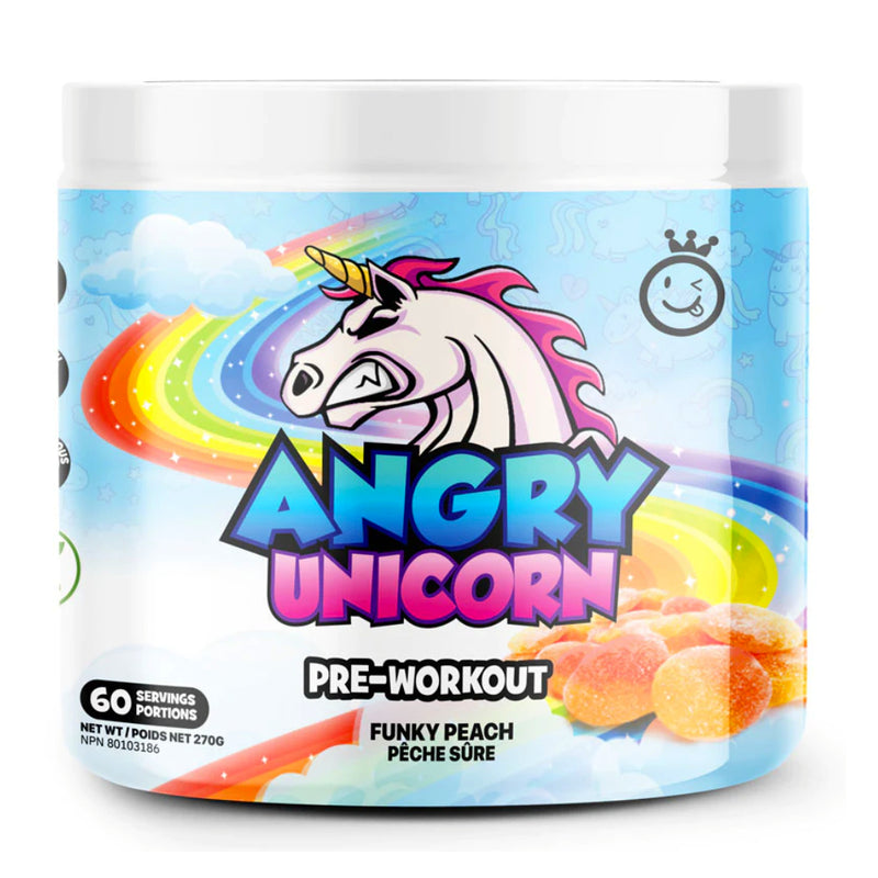 Buy Now! Yummy Sports Angry Unicorn (60 servings) Funky Peach. Comprised of dynamic and unique sensory ingredients, this pre-workout delivers great focus, and clean energy. Angry Unicorn’s formula make it an optimal pre-workout for mobility, sports, circuit training, and repetitive movements.