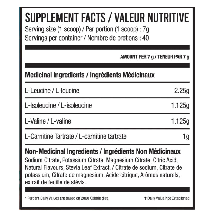 Yummy Sports BCAA supplement facts of ingredients label. 