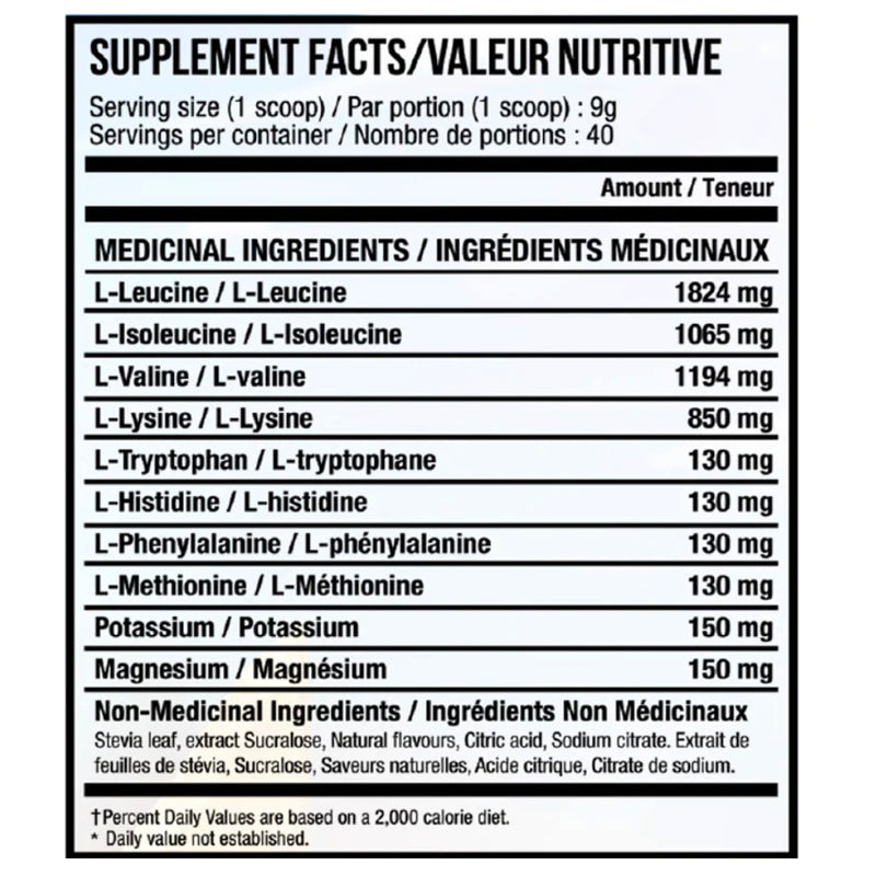 Yummy Sports EAA (40 servings) supplement facts of ingredients.